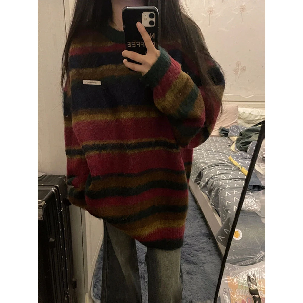 美式复古撞色条纹保暖套头毛衣女2023秋冬新款慵懒宽松针织衫上衣