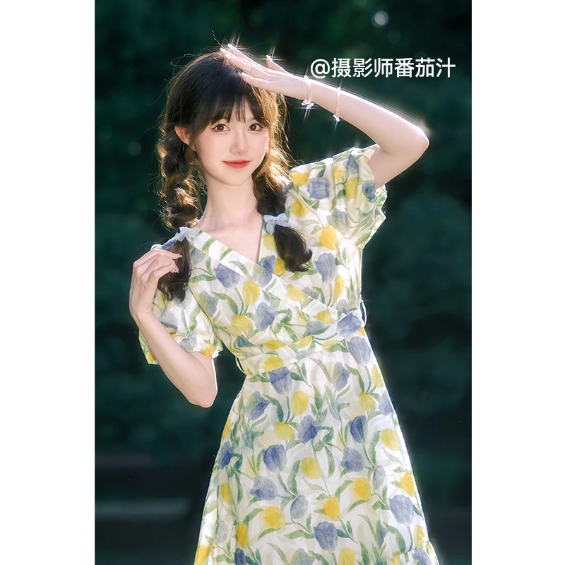 诗凡黎法式田园风碎花连衣裙女夏季新款时尚设计感打揽袖口茶歇裙
