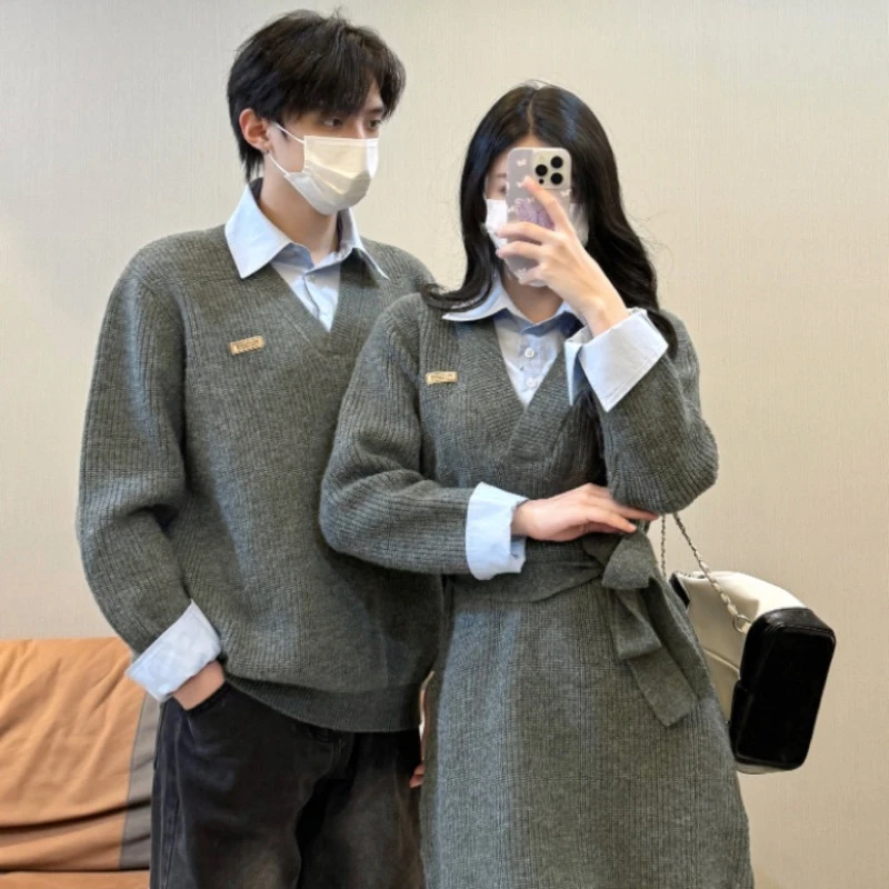 情侣装秋冬法式一裙一衣慵懒风复古假两件毛衣连衣裙2024潮牌针织