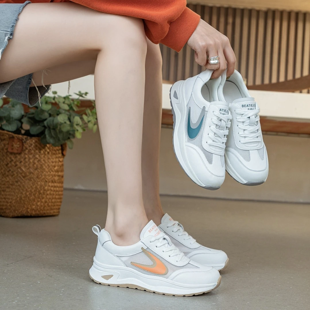 女鞋夏款舒适百搭真皮网鞋运动休闲小白鞋系带轻便阿甘鞋