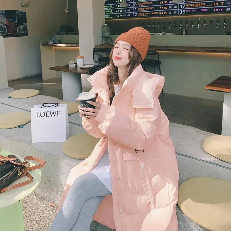 奶fufu橘粉色服女中长款2023年冬季新款加厚面包服过膝