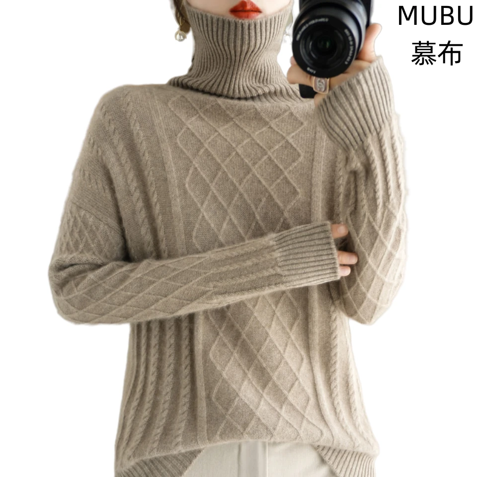 MUBU/慕布秋冬新品高领韩版加厚纯羊毛时尚扭花宽松慵懒毛衫