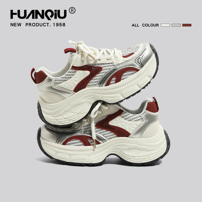 环球酒红色老爹鞋女2024新款秋冬透气时尚百搭旅行厚底复古休闲鞋