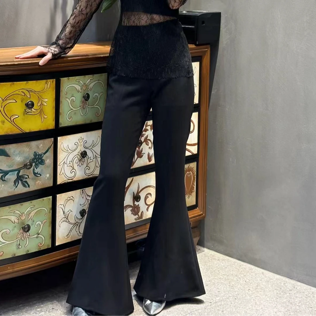 黑色优雅气质百搭时尚潮流高腰修身醋酸重工显瘦气质休闲喇叭裤