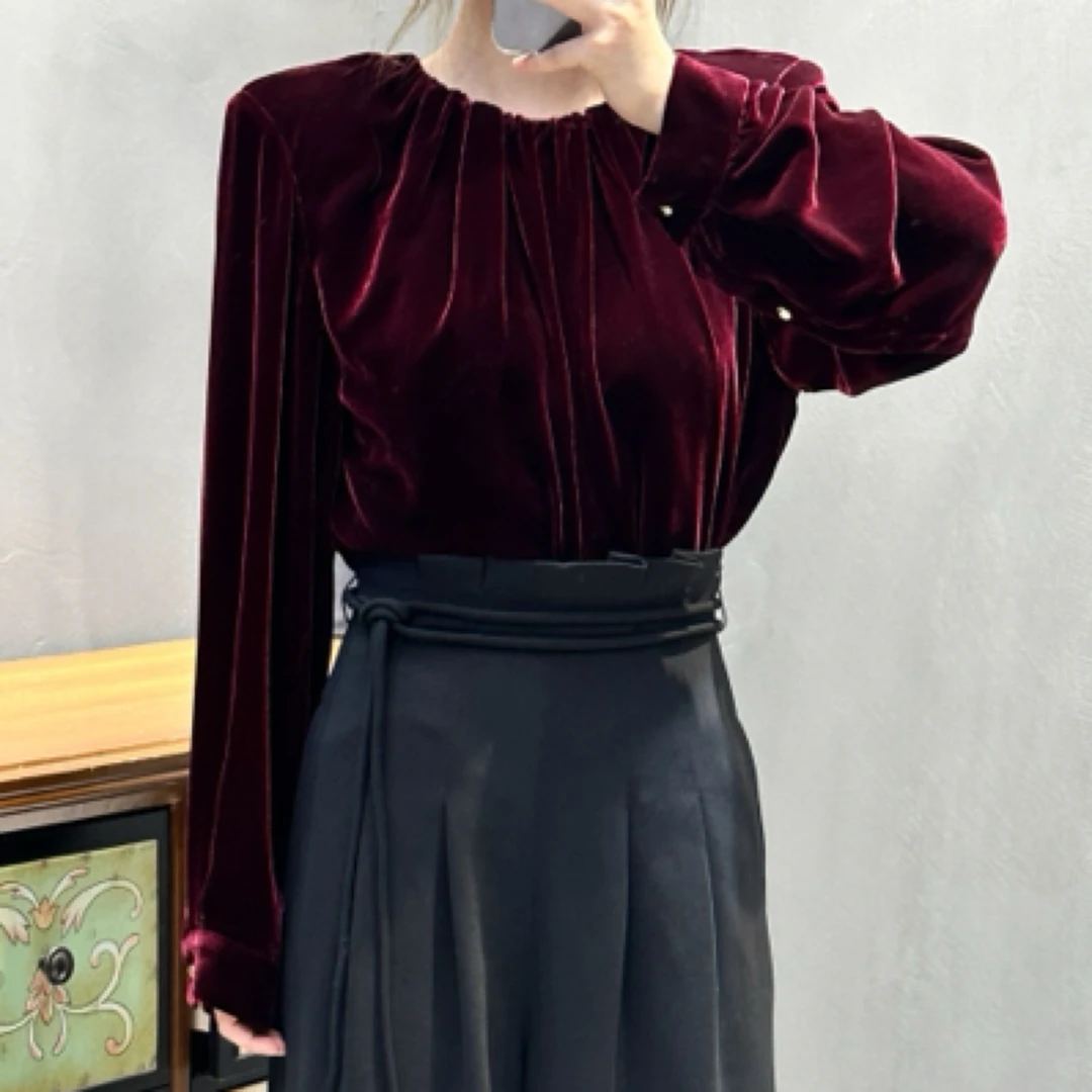 秋冬复古长袖显瘦褶皱设计感女士时尚百搭气质双色丝绒上衣