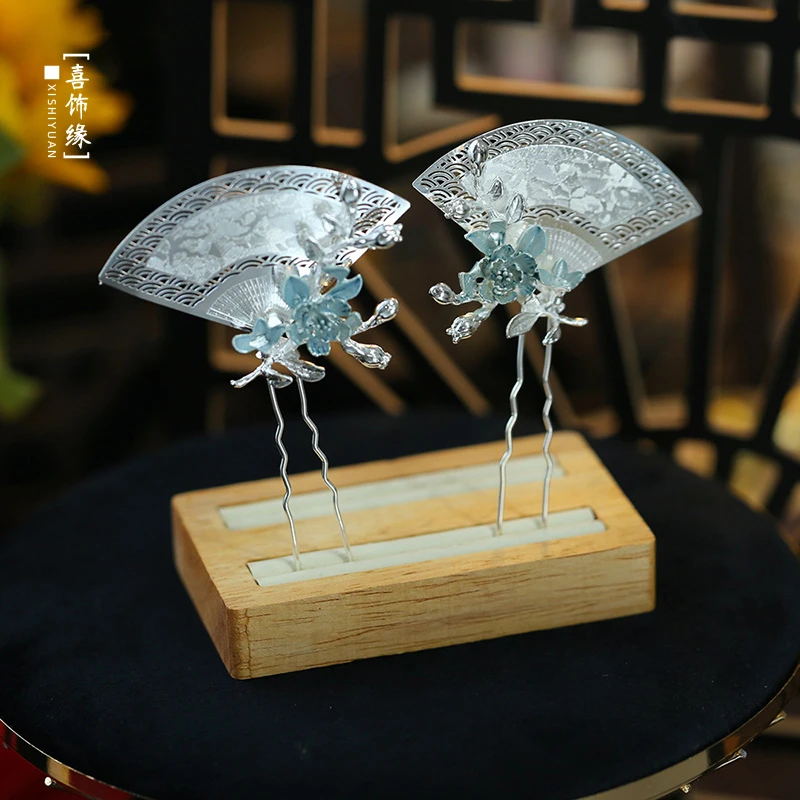 新款银色新中式风发簪小扇子发钗扇形头饰耳环晨袍配饰品2023802