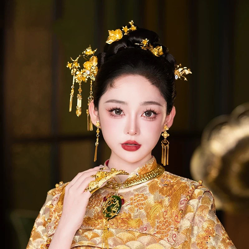 金色花朵发簪新娘头饰秀禾旗袍龙凤褂新中式结婚发饰20241181