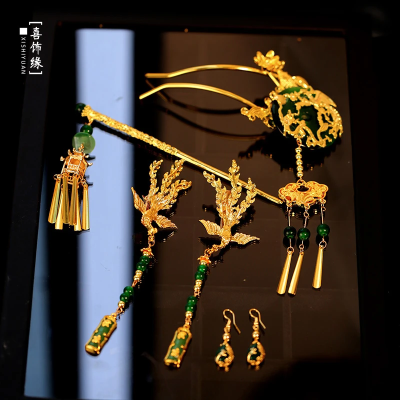 新中式秀禾头饰金绿色玉石发簪古典龙凤褂旗袍高级发饰20241163