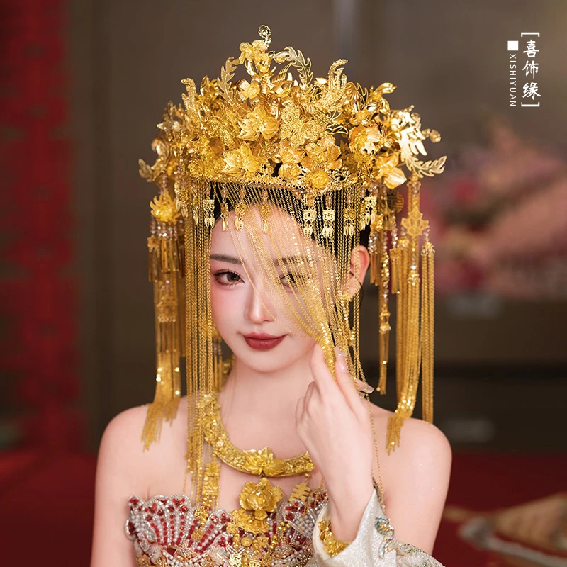 金色奢华面帘花朵喜字大凤冠新娘传统婚礼秀禾龙凤褂头饰20241138
