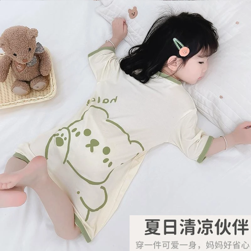 女童夏季薄款连体睡衣莫代尔睡裙宝宝睡袍女孩儿童睡袋空调家居服