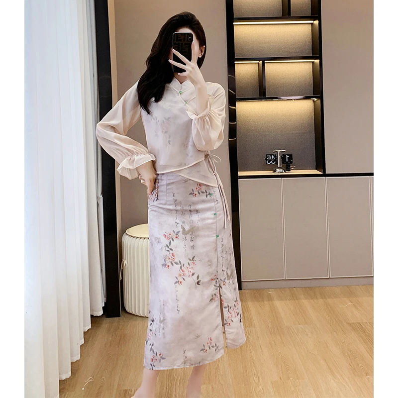 A258#2024春夏新款女新中式国风立领碎花上衣复古高腰开叉半身裙