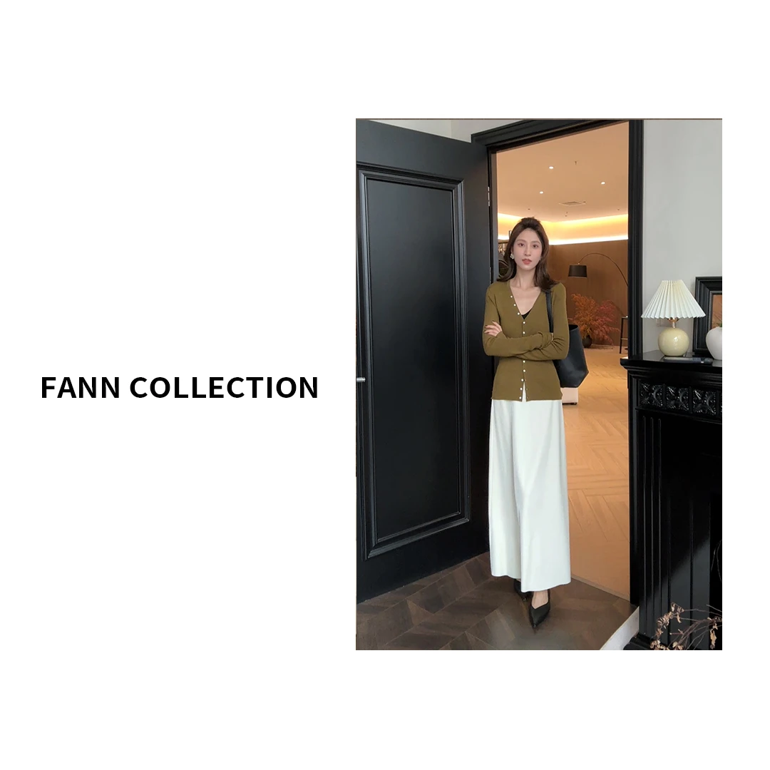 饭饭FANN COLLECTION 绿芽 V领系扣修身显瘦长袖针织衫FANNA095