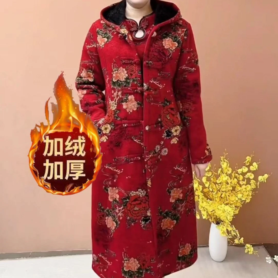 冬季高端宽松显瘦百搭气质新款加绒加厚风衣印花妈妈减龄潮流外套