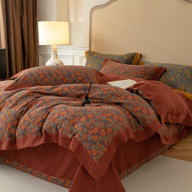 复古中式富贵色织全棉双层纱四件套A类母婴吸湿透气纯棉床上用品