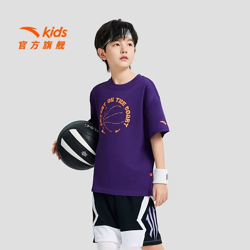 欧文系列安踏儿童男大童针织短袖衫2024夏季新款透气运动篮球短T