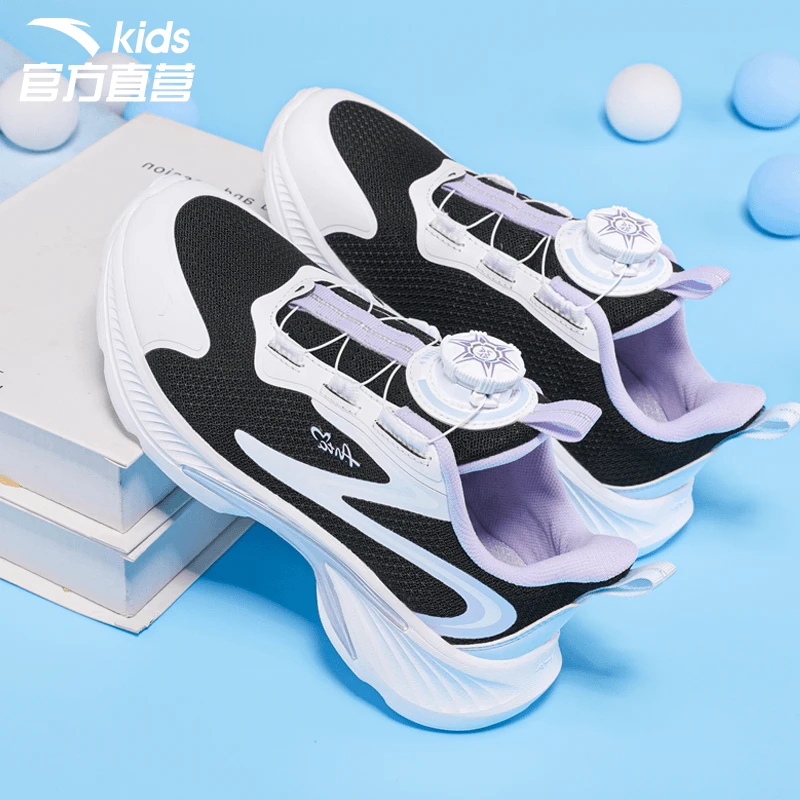 安踏女童跑步鞋夏季网面软底减震轻便旋钮扣中大童学生运动鞋子女