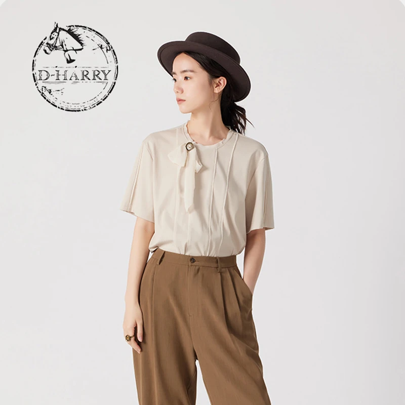 D-HARRY/迪哈利夏季新款蝴蝶结米色套头短袖T恤DH242B97226D