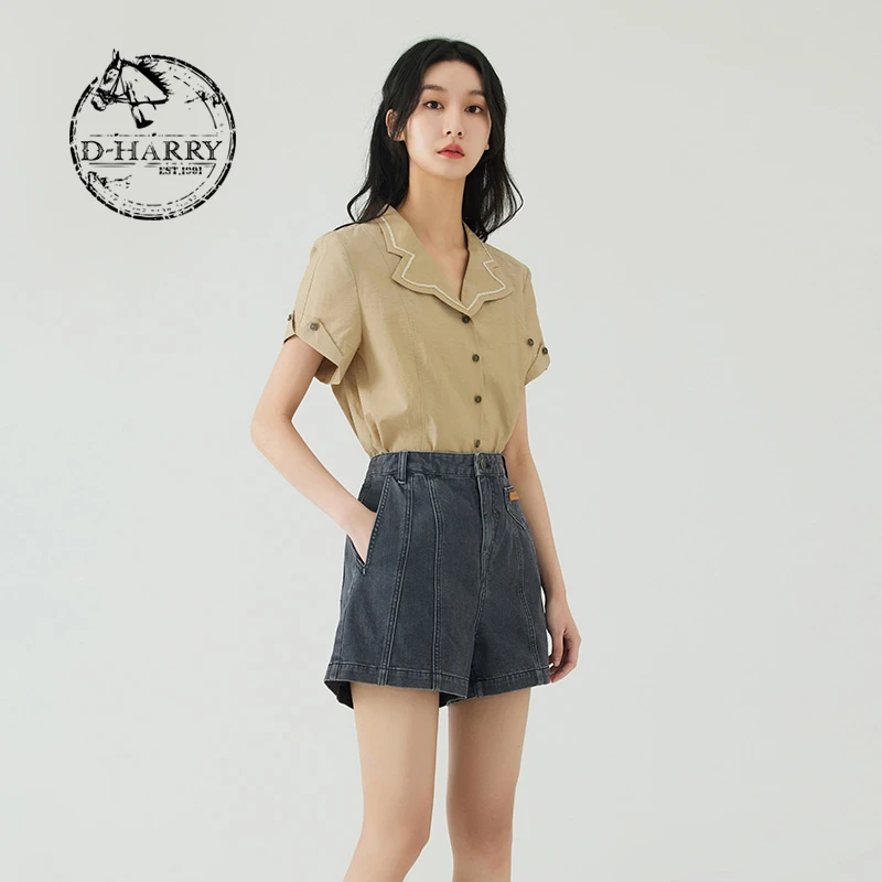 D-HARRY/迪哈利气质夏季新款驼色不规则下摆短袖衬衫DH232D96236D