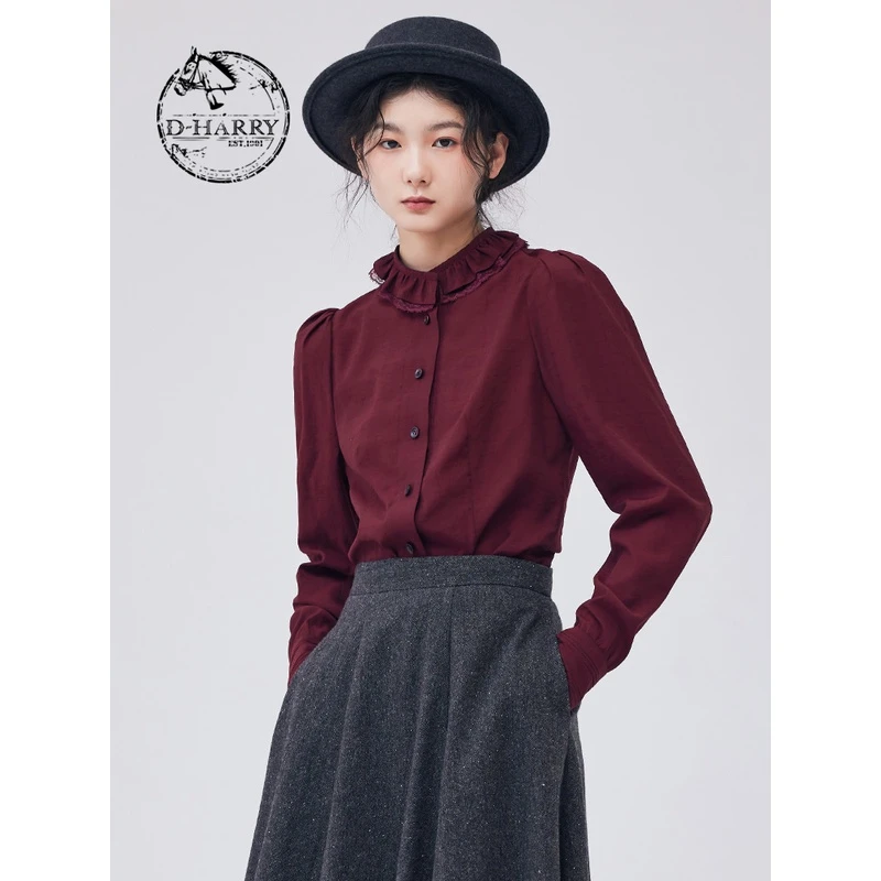 D-HARRY/迪哈利秋新款复古双层领长袖酒红衬衫DH233D96528D