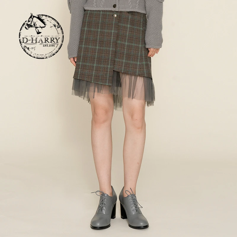 D-HARRY/迪哈利复古冬季格纹拼接高腰网纱裙DH224M95765D