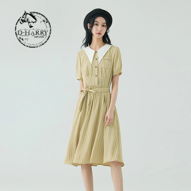 D-HARRY/迪哈利气质夏季新款学院风卡其色条纹连衣裙DH232J96259D