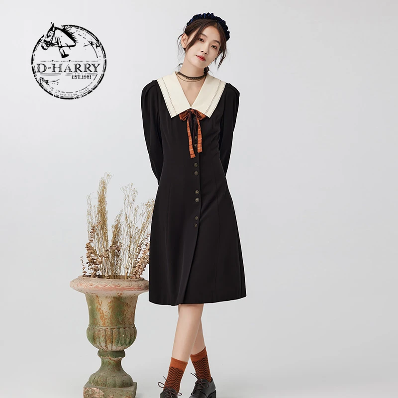 D-HARRY/迪哈利冬新款百搭双层领撞色领连衣裙DH234J96682D