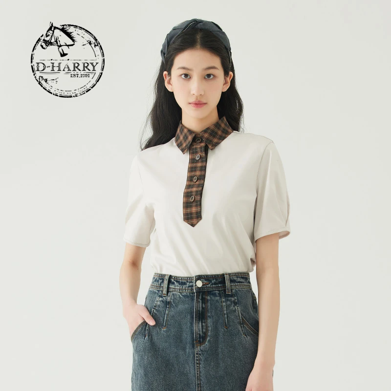 D-HARRY/迪哈利女士夏季复古翻领撞色百搭polo衫DH232B96122D