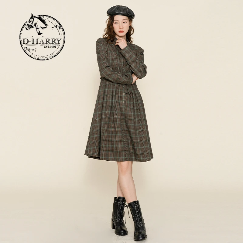 D-HARRY/迪哈利复古绿格纹飘带连衣裙女中长款淑女裙DH224J95736D