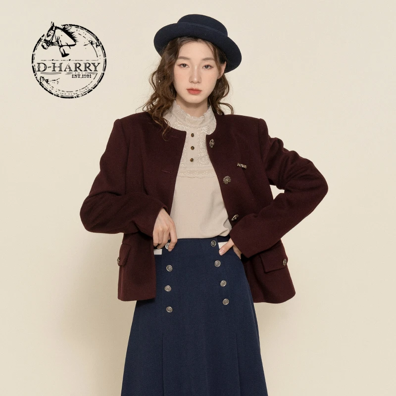 D-HARRY/迪哈利酒红短大衣单排扣外套女气质收腰短款DH224A95658D