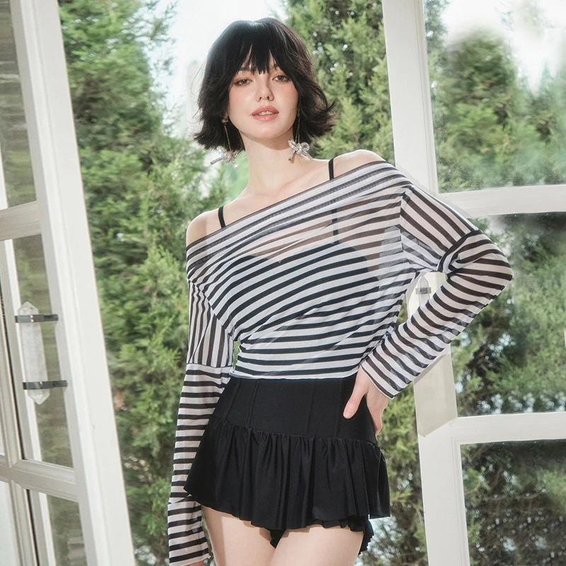 CYOGOK【经典】2023新款连体泳衣女条纹性感显瘦长袖罩衫遮肚度假