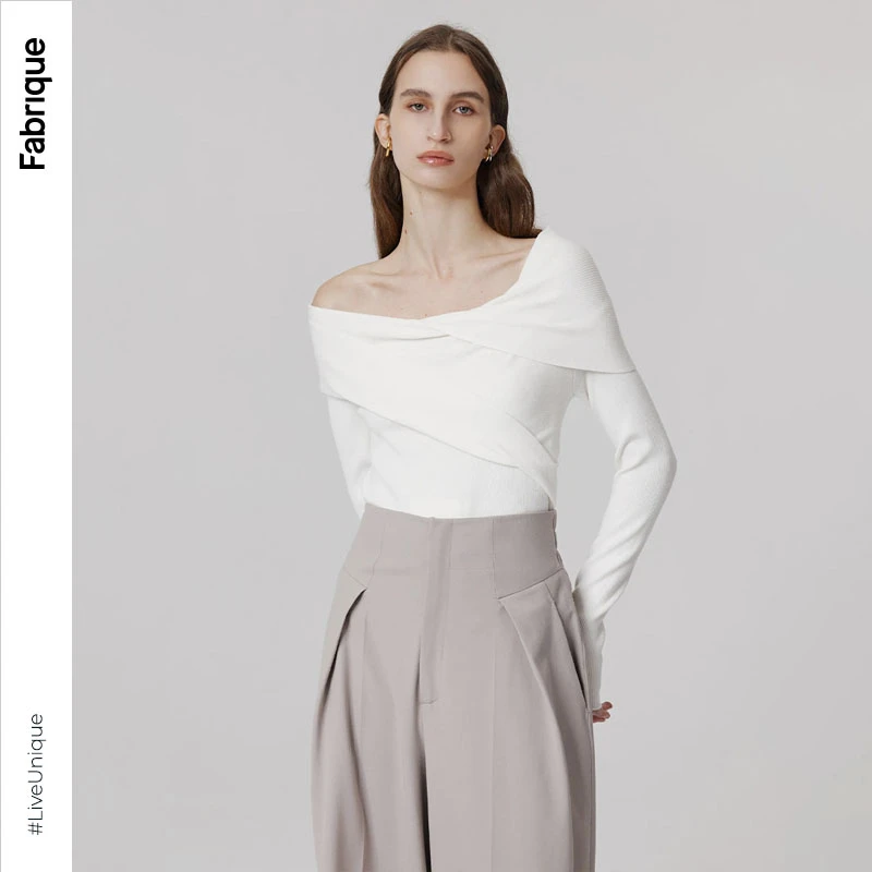 Fabrique【高圆圆同款】白色不对称套头针织衫设计感法式气质上衣女