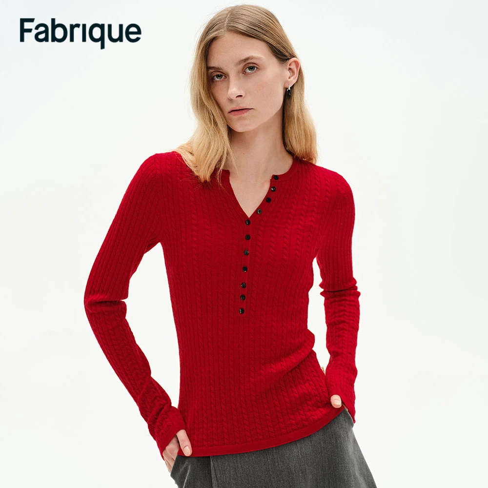 【Fabrique】 Issac波尔多红扬子纱超细绵羊毛亨利领绞花针织打底衫