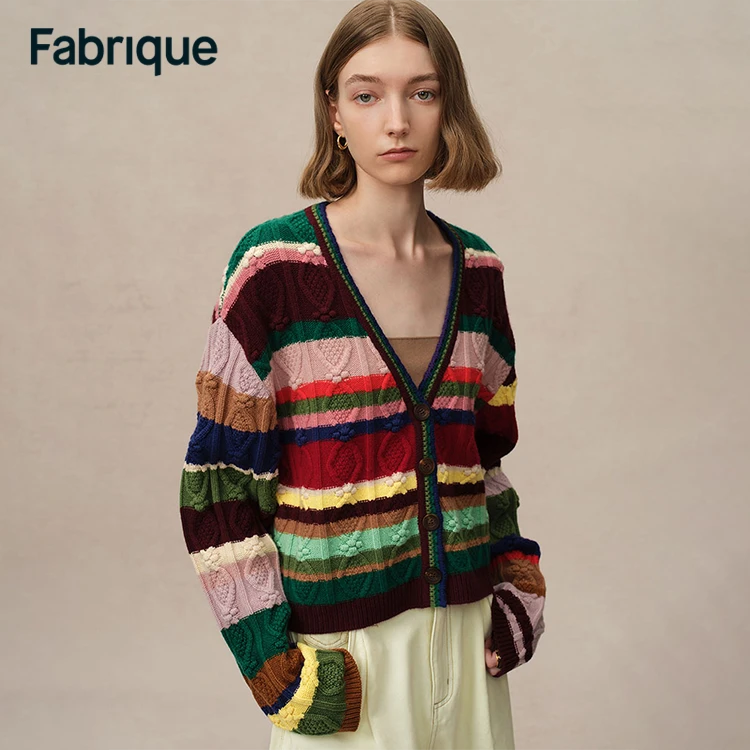 【Fabrique 】Lila 秋冬复古16色彩虹条纹美利奴绵羊毛短款针织开衫