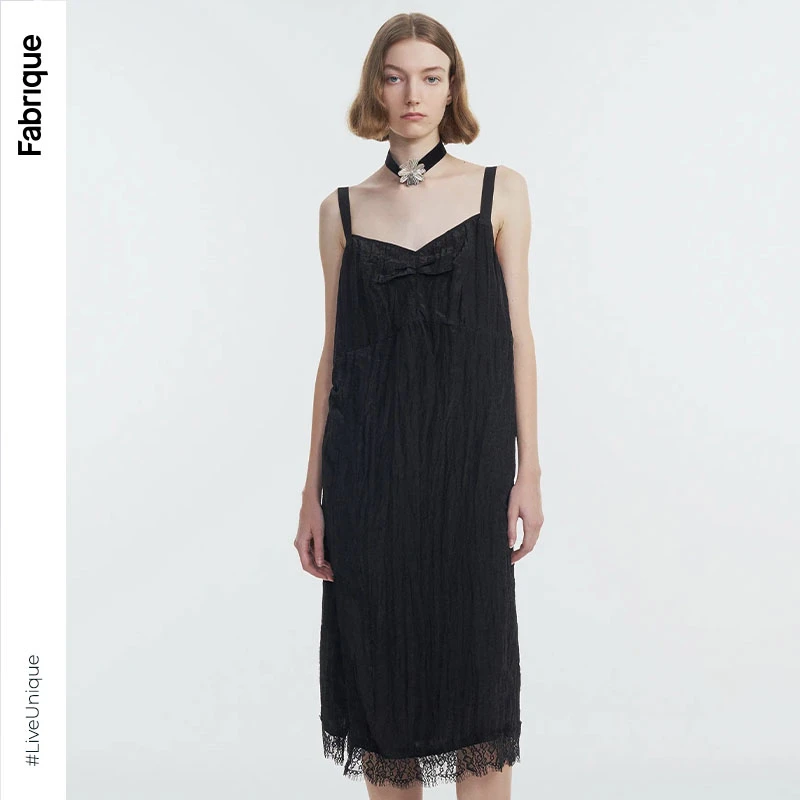 【Fabrique】拼接蕾丝吊带连衣裙时尚新品宽松连衣裙黑色气质裙子