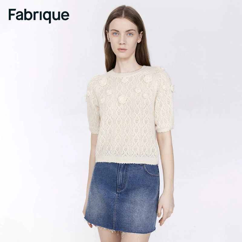 【Fabrique】白色立体钩花镂空针织短袖上衣2024新款设计感上衣女