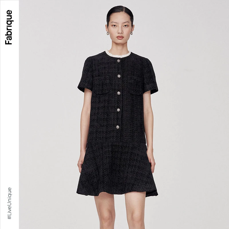 【Fabrique】黑色撞色领口荷叶边短袖花呢连衣裙芭比花呢连衣裙女