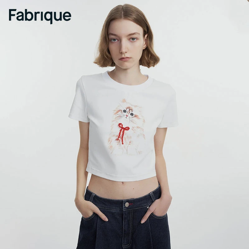 【Fabrique】小猫印花水晶串珠蝴蝶结紧身短T恤圆领短款白T恤上衣