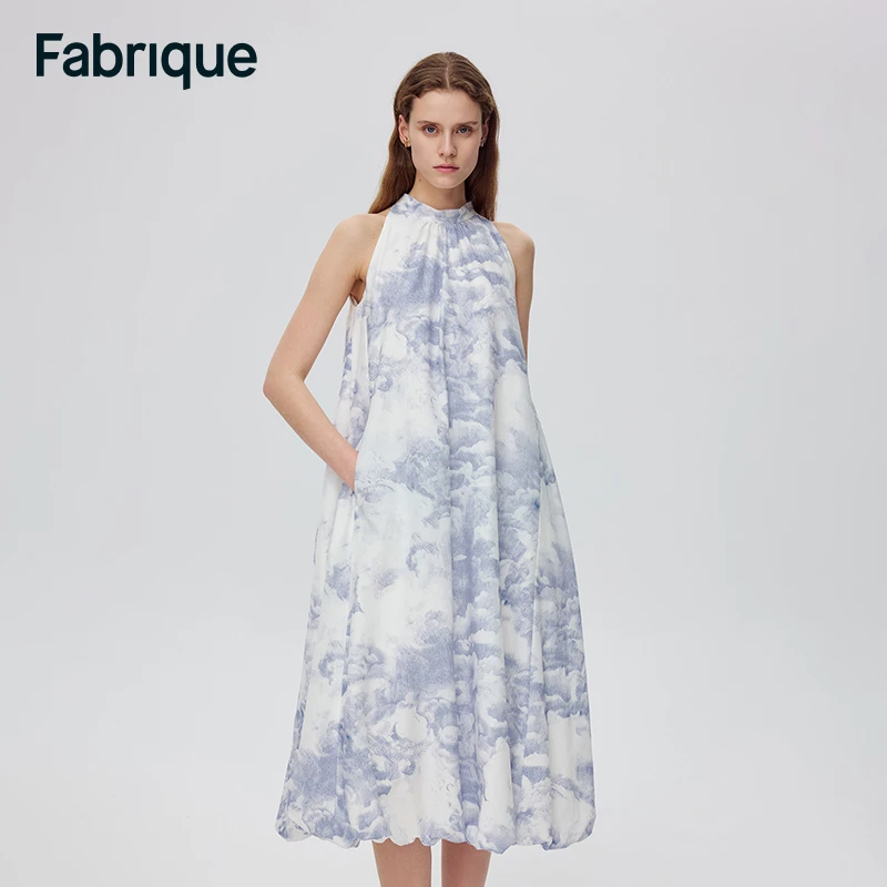 Fabrique淡蓝云朵印花立领飘带挂脖连衣裙桑蚕丝棉混纺2025夏新款