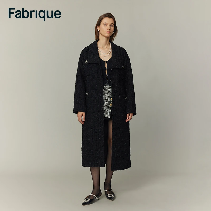 【Fabrique】秋冬雅丹风绵羊毛粗花呢法式复古宽松插肩袖腰带大衣