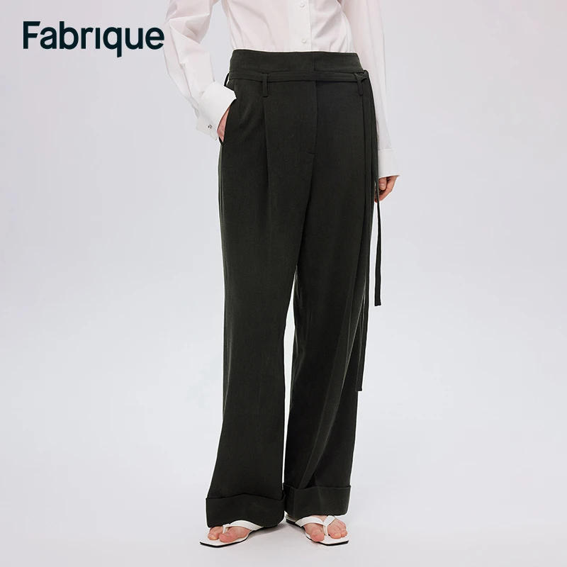 【Fabrique】 uma早秋新款显瘦时尚黑色天丝醋酸低腰直筒折边阔腿裤