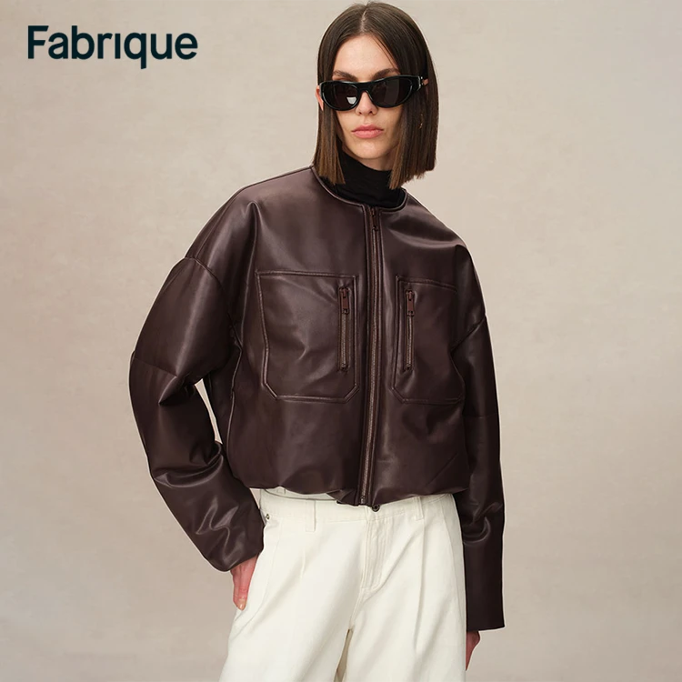 【Fabrique】Thebe 秋冬布朗尼深棕短款圆领拉链白鸭绒环保皮羽绒服