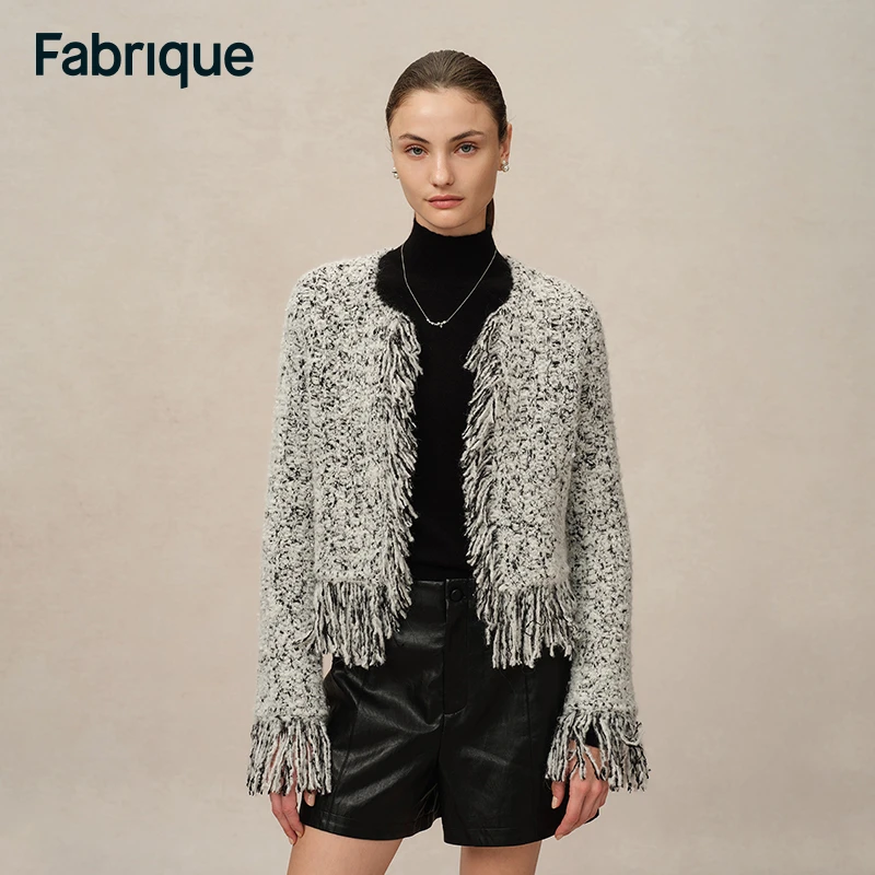 【Fabrique】 秋冬雪花灰羊驼毛开襟流苏粗花呢花式短款针织开衫