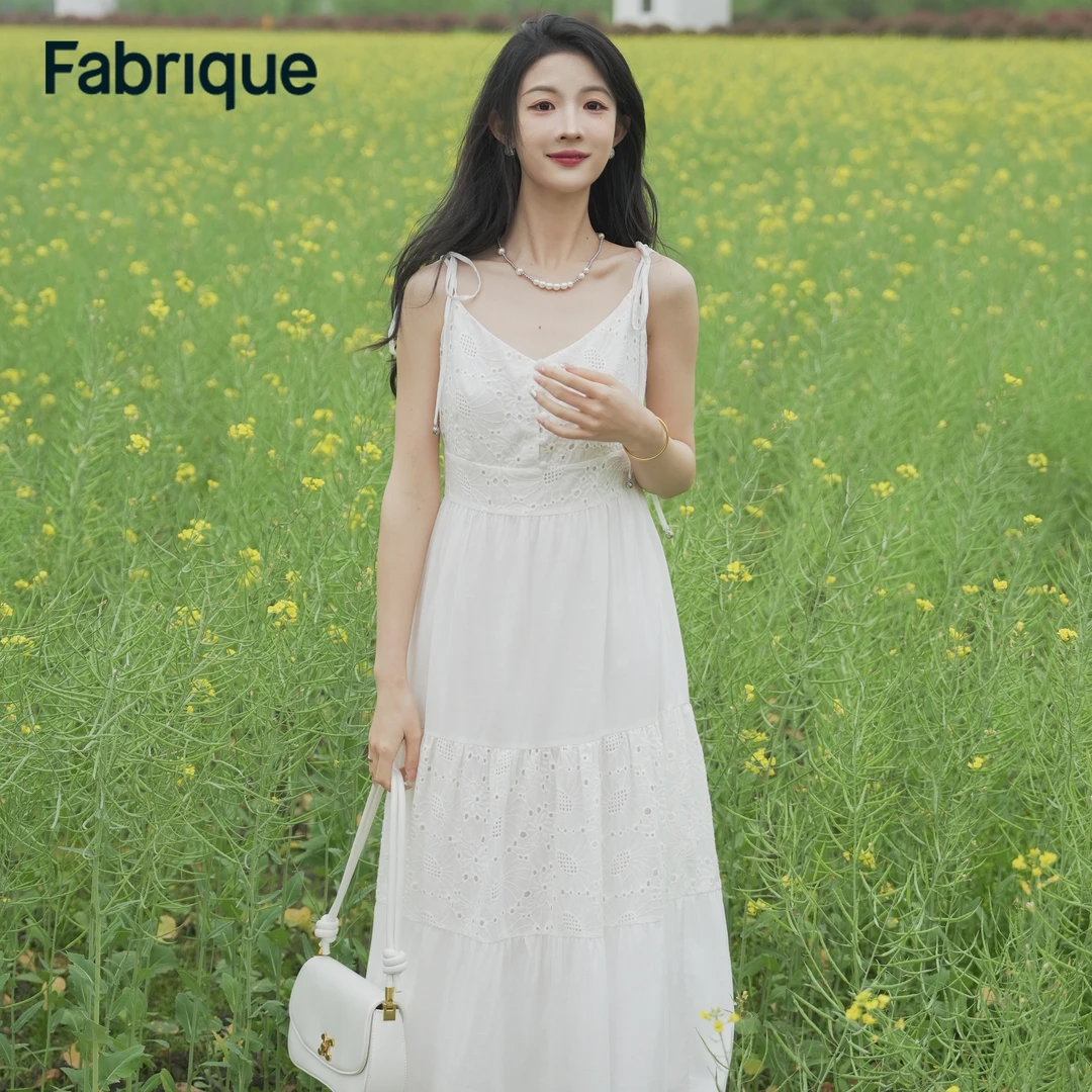 【Fabrique】白色刺绣蕾丝拼接吊带连衣裙天丝亚麻混纺裙子