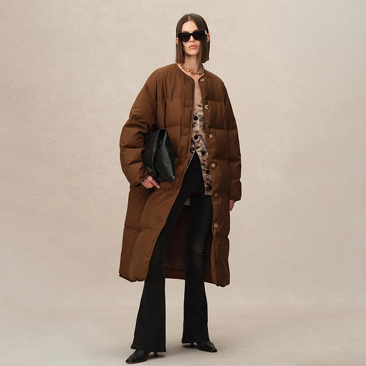 Fabrique Maltings 焦糖棕棉感防泼水白鸭绒圆领单排扣长款羽绒服