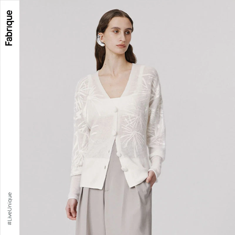 Fabrique松林针叶刺绣V领开衫月银松针系列早春穿搭新款长袖针织