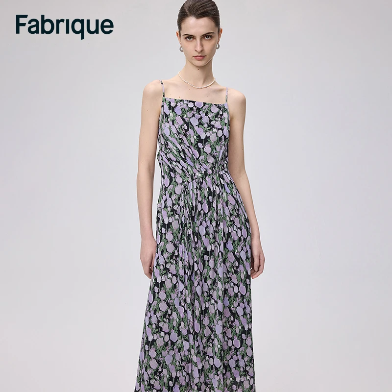 Fabrique Courtney 春夏淡紫玫瑰印花抽绳不对称裙摆吊带连衣裙