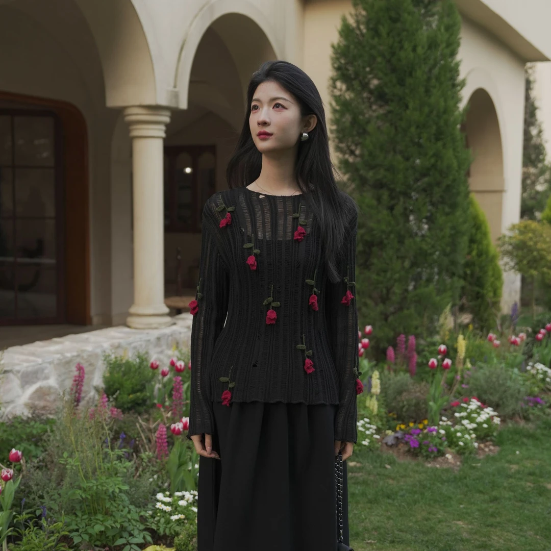 Fabrique【夜风铃】系列黑色镂空手工钩花套头针织衫时尚长袖针织衫