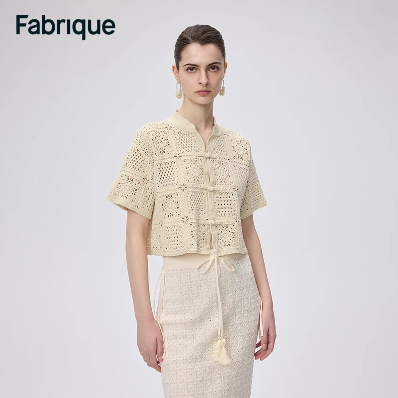 【Fabrique】新中式手工编织祖母方格开衫气质短袖针织衫