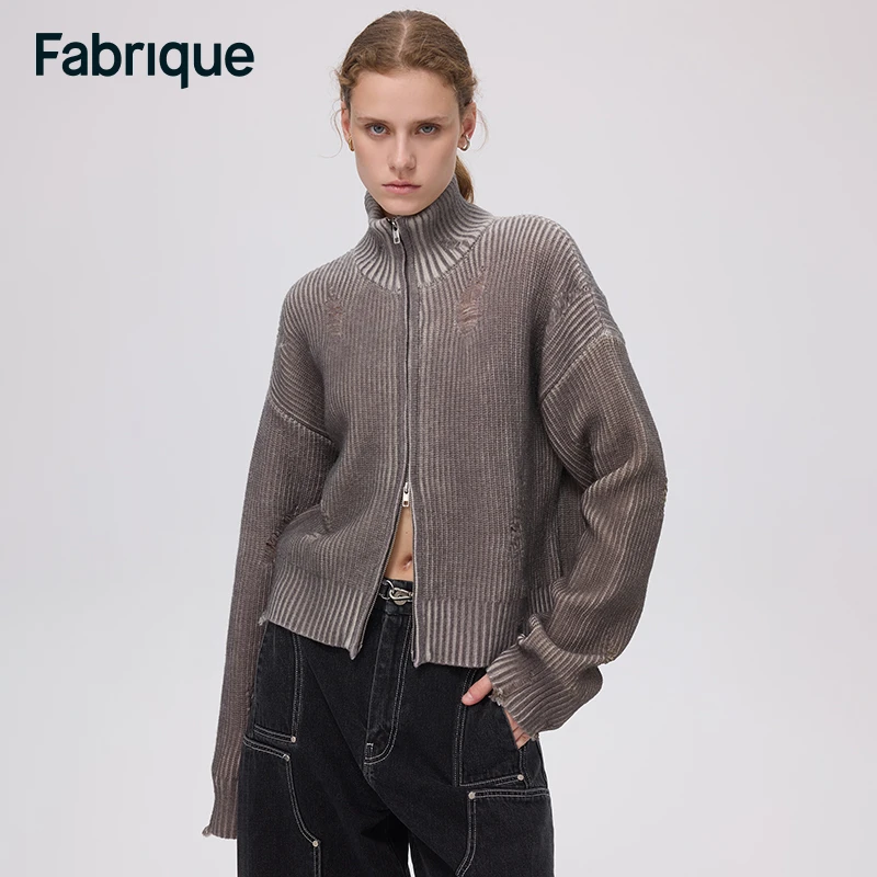 【Fabrique】 Rowan秋冬新款灰棕喷色晕染破洞双头拉链纯棉针织开衫