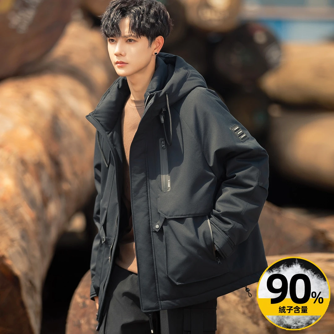 男士工装连帽90白鸭绒羽绒服2024款时尚百搭正品加厚休闲保暖外套